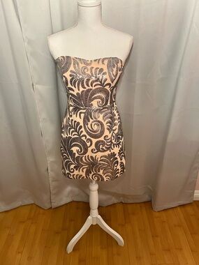 Strapless Pink and Gray Brocade Mini Dress - SIZE M